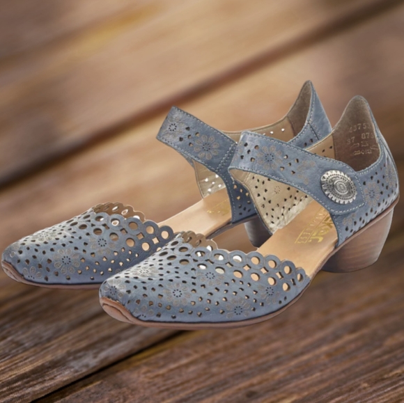 Rieker Shoes - Rieker gray perforated leather low heel strap comfy Mirjam shoes EUC Sz 39